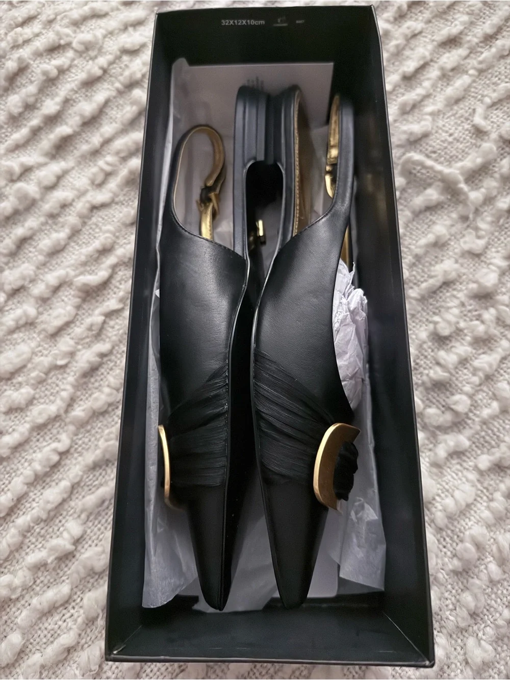 Donna Karan Black Pointed Slingback Flats with Gold Buckle Accent